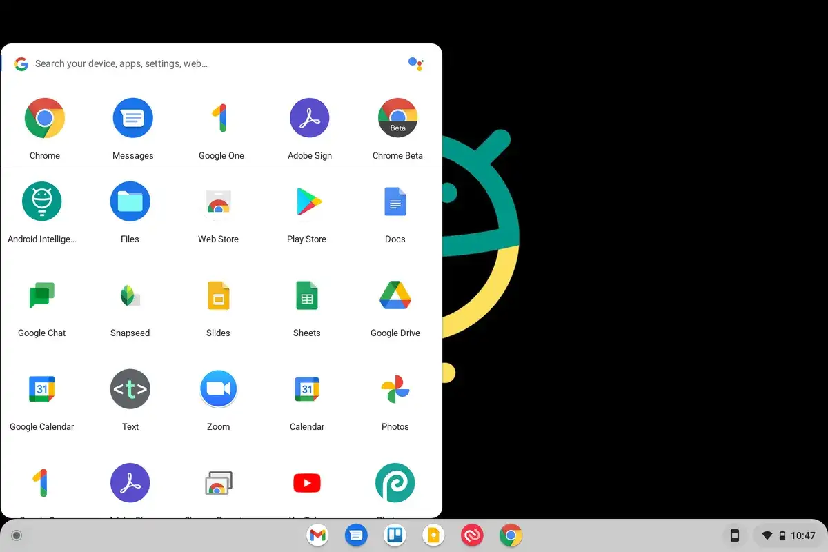 Menu aplikacji na ekranie **Chrome OS** z ikonami Chrome, Messages, Google One, Files, Play Store, Google Drive i innymi.