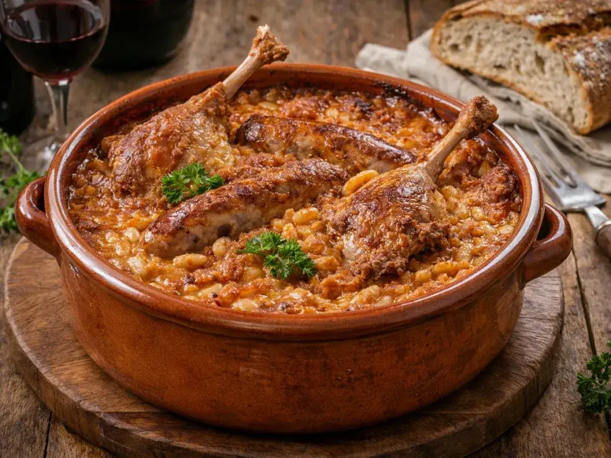 Un plat de cassoulet maison réconfortant, avec des confits de canard, des saucisses et des haricots blancs, servi dans une cocotte en terre cuite.