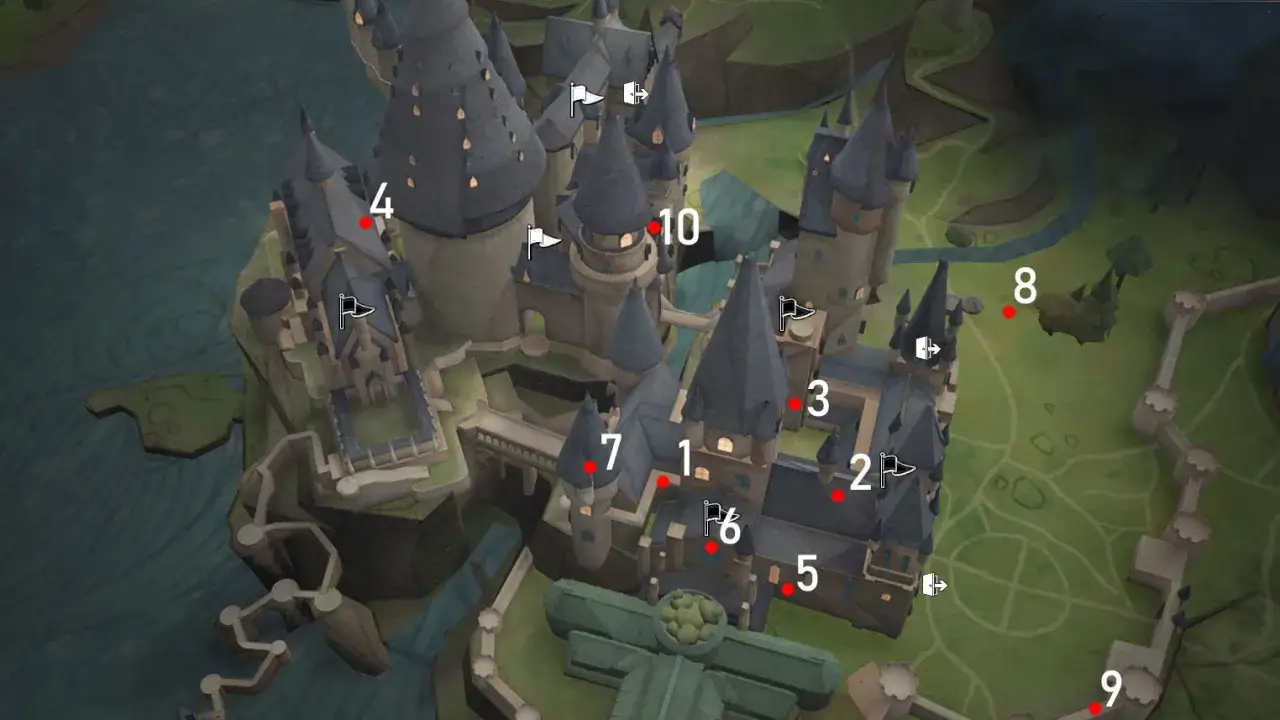 Mapa de Hogwarts con puntos rojos y banderas. Ayuda a Gladwin Moon a devolver las lunas de Demiguise.