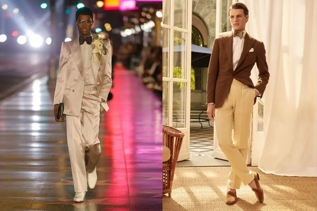 Modelli eleganti con papillon: uno su passerella con abito beige satinato, l'altro in un contesto da esterno con giacca marrone. Impara come mettere il papillon con stile.