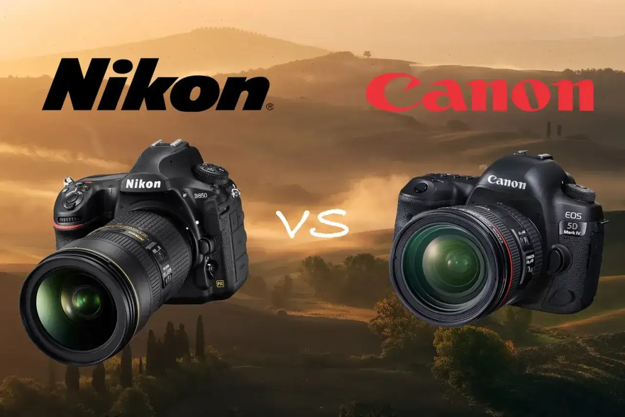 Nikon D850 i Canon EOS 5D Mark IV na tle malowniczego krajobrazu. Który aparat wybierzesz: canon czy nikon?