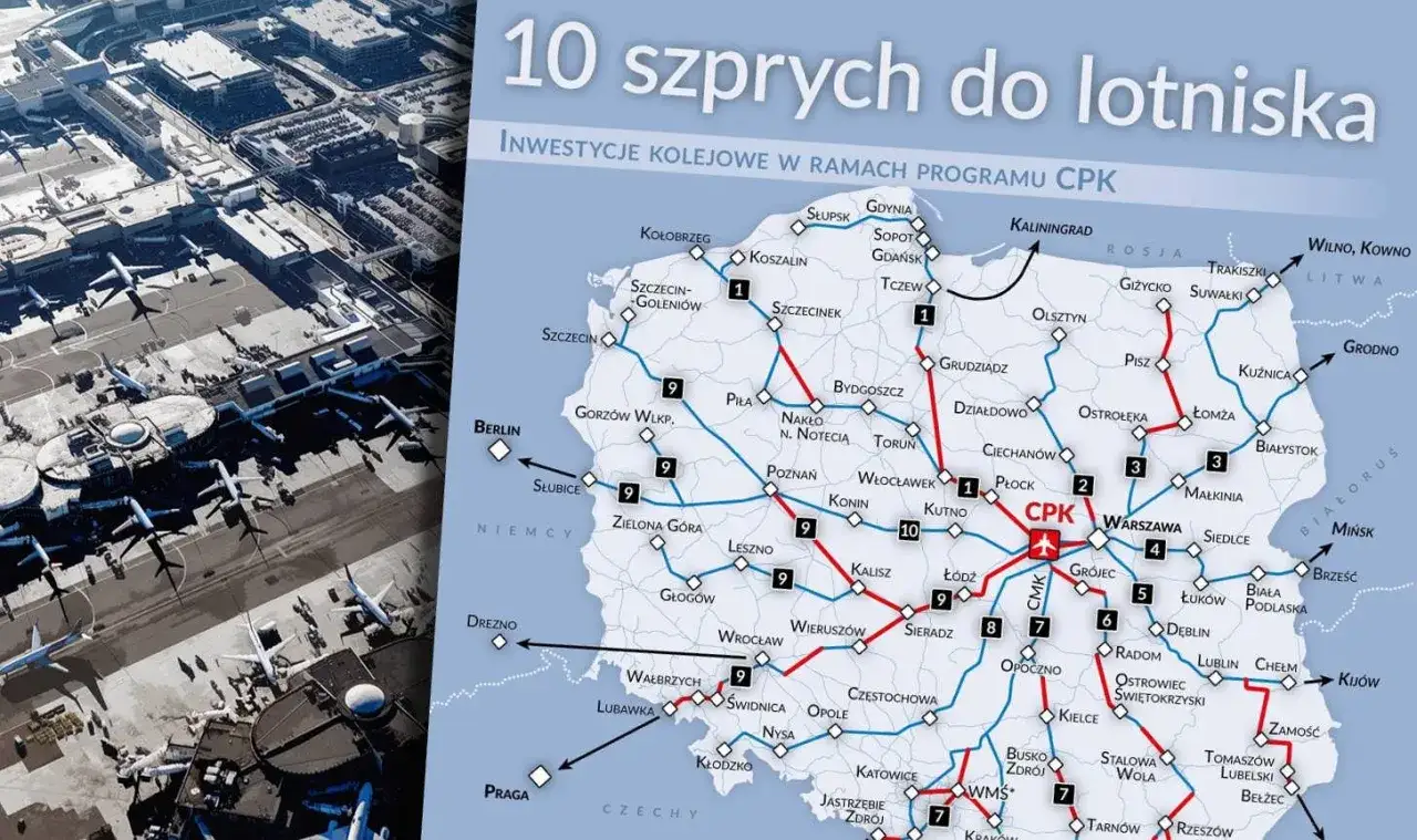 Polska 2050 i budowa Centralnego Portu Komunikacyjnego CPK. Mapa przedstawia 10 linii kolejowych łączących Polskę z CPK.
