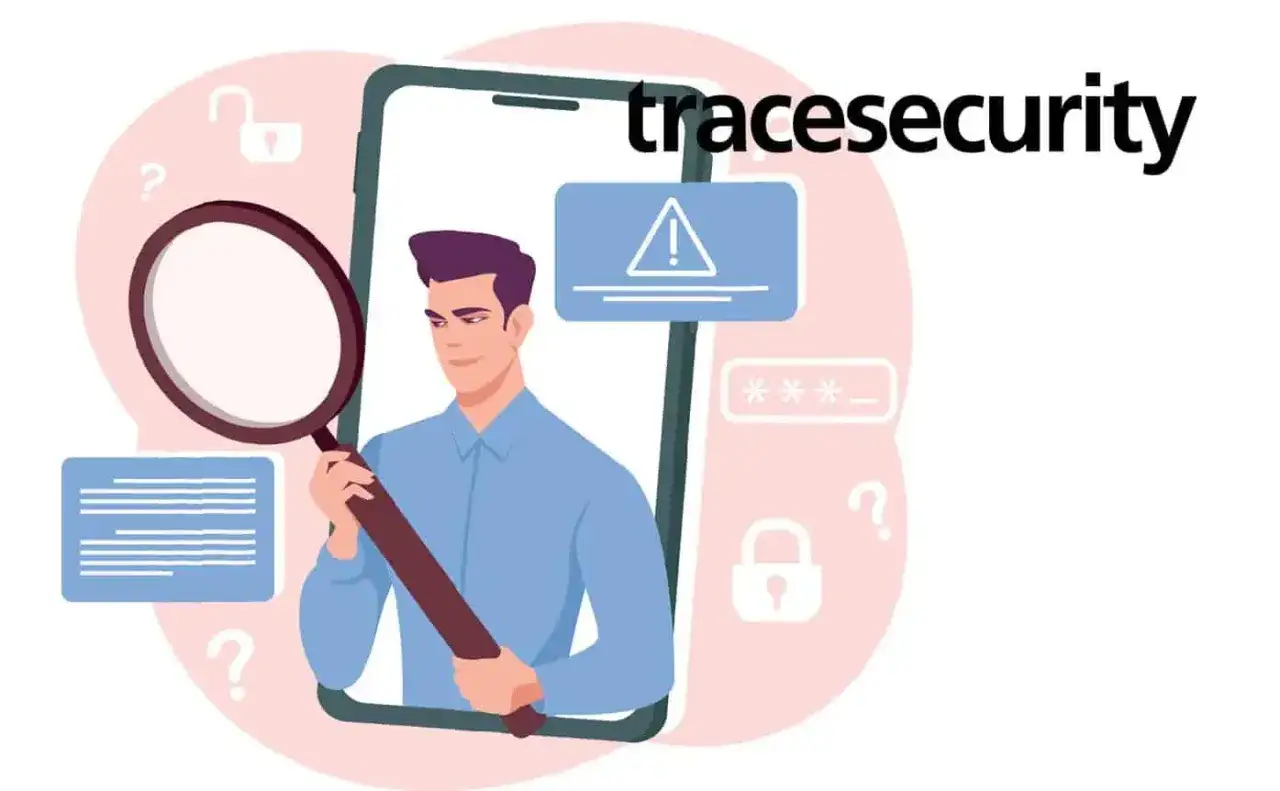 Mann mit Lupe untersucht Smartphone, das auf einen spyware angriff hinweist. Warnsymbol und Passwortfeld sichtbar.