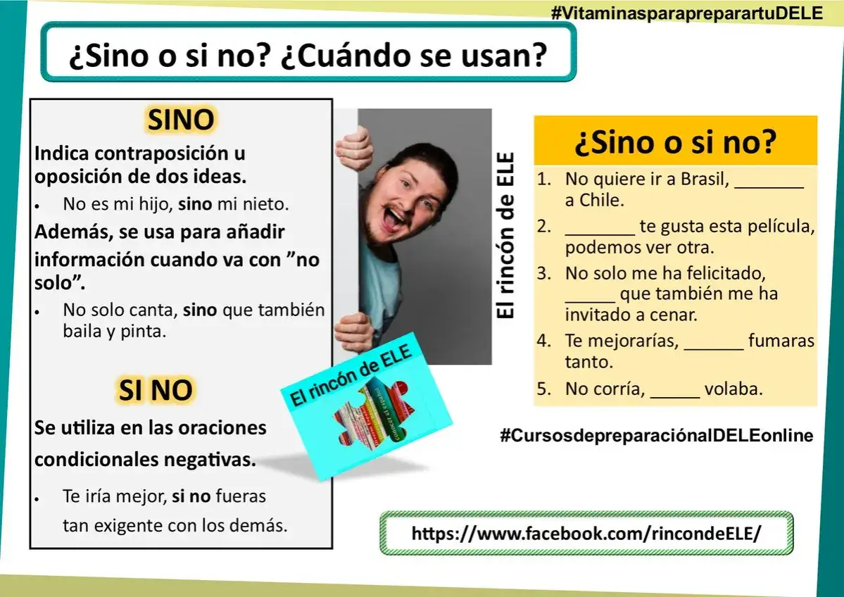 Explicaci&oacute;n de cu&aacute;ndo se escribe sino o si no, con ejemplos y ejercicios. Un hombre sonriente asoma por detr&aacute;s.
