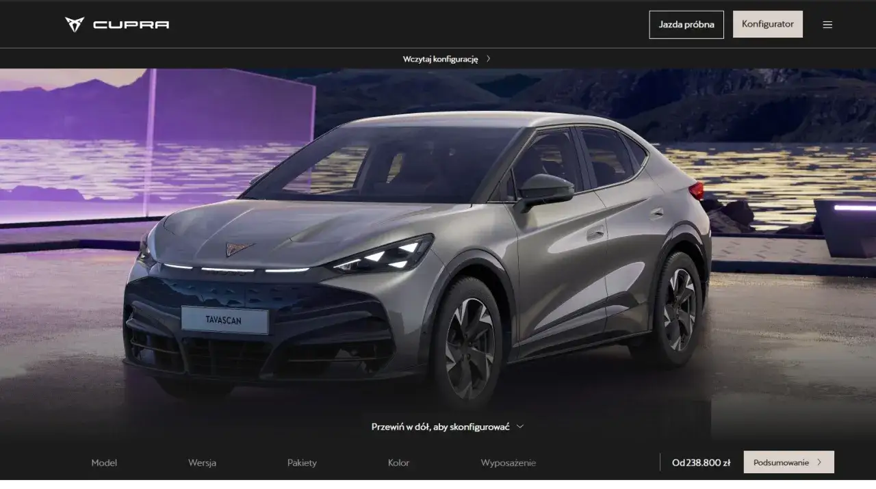 Nowy CUPRA Tavascan, sprawdź jego cenę i skonfiguruj swój wymarzony model. Od 238.800 zł.