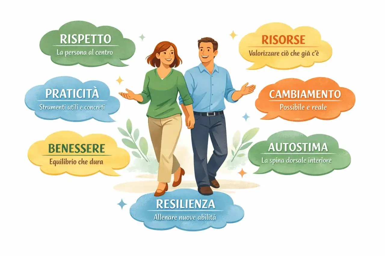 Coppia che cammina, circondata da nuvole con parole chiave: rispetto, risorse, praticità, benessere, resilienza, cambiamento, autostima. Un test per superare il blocco emotivo.