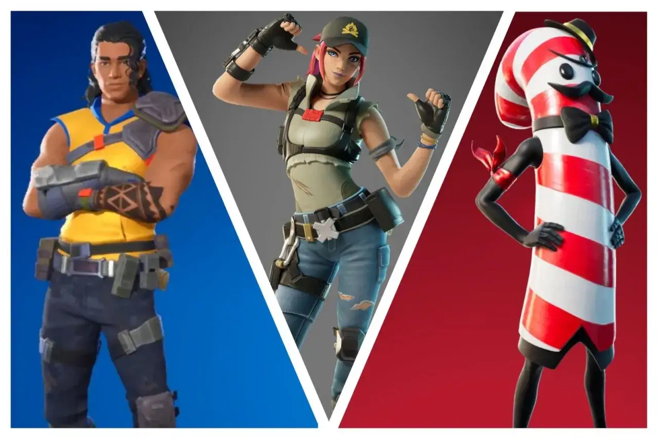 Trzy postacie z Fortnite: mężczyzna w ż&oacute;łtej koszulce, dziewczyna w wojskowym stroju i ludzik z cukierka. Szukasz **fortnite kody na skiny**?