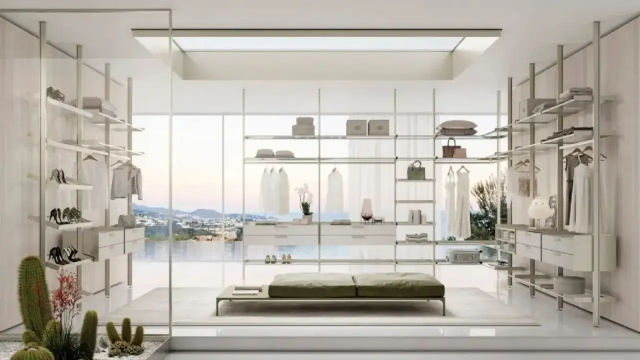 Stanza armadi chiusi con vista mare. Organizzazione minimalista con scaffali a vista, abiti appesi, scarpe e accessori.