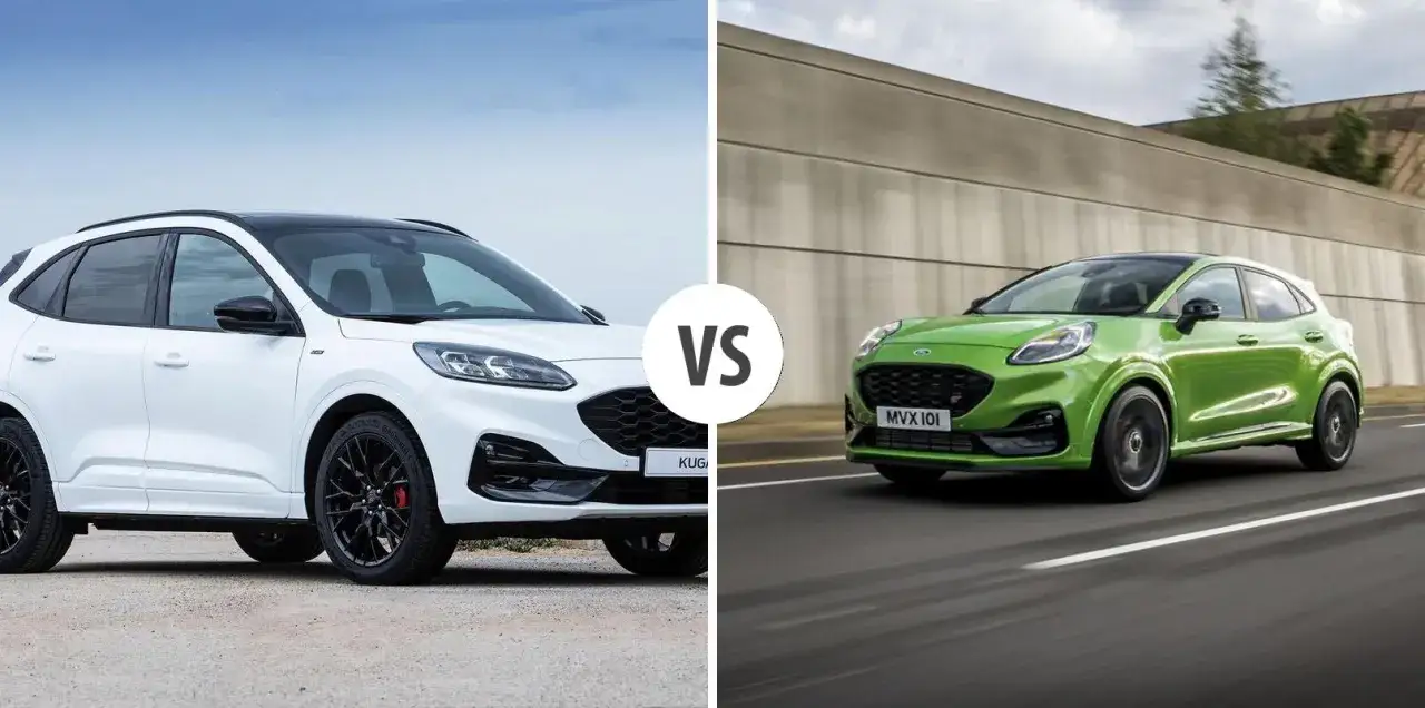 Biały Ford Kuga vs zielony Ford Puma. Dwa SUV-y Forda, jeden na postoju, drugi w ruchu.