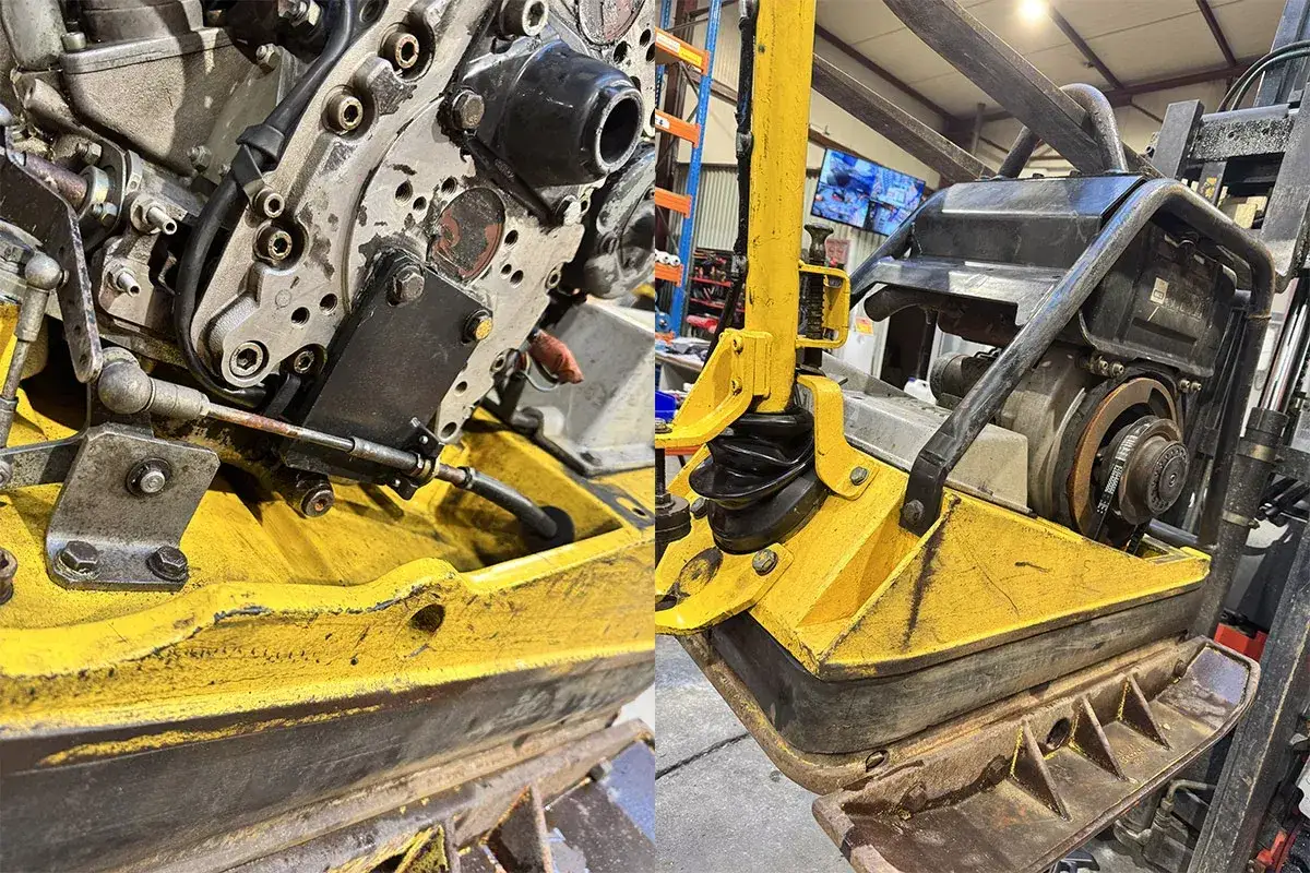 Silnik zagęszczarki nie chce odpalić. Widok na mechanizm i żółtą płytę roboczą.