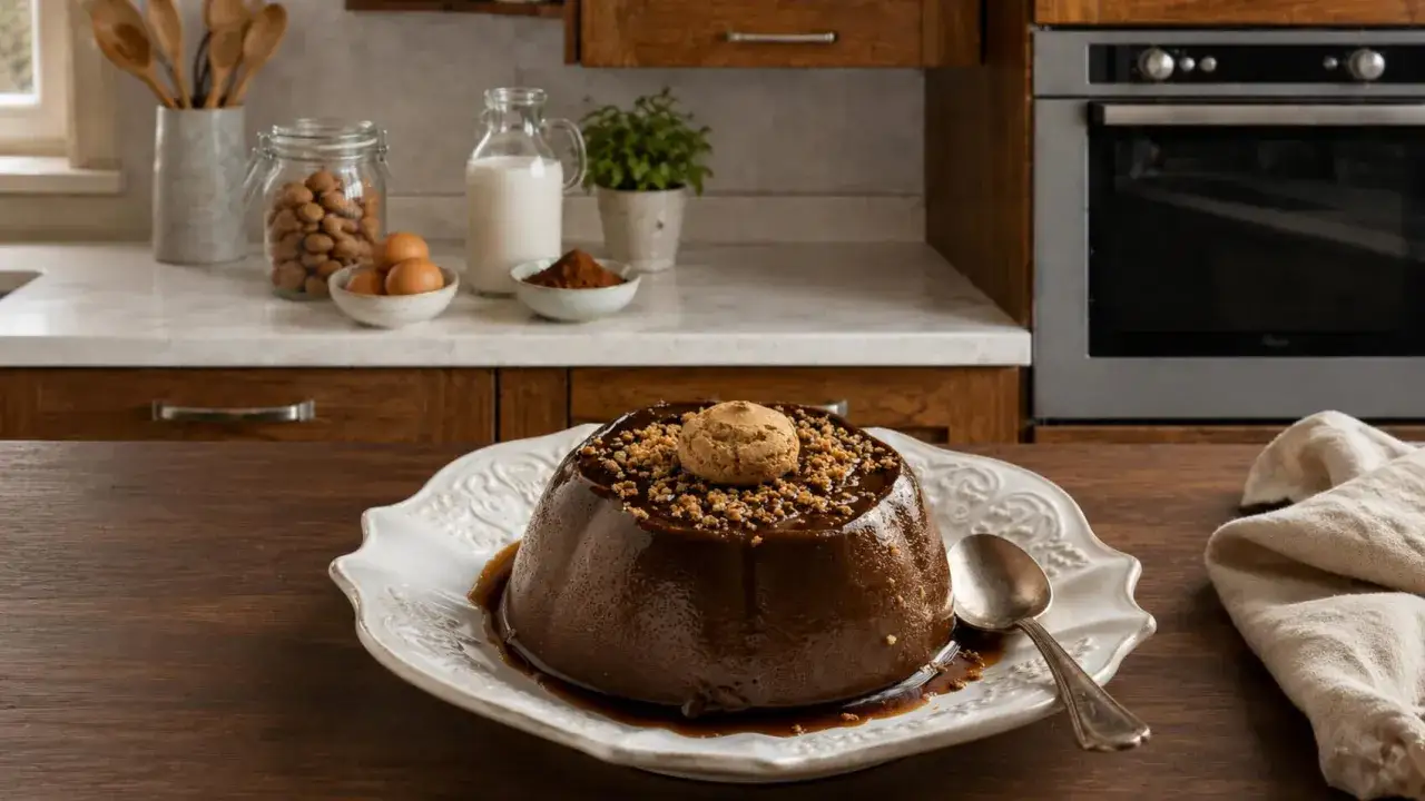 Bonet piemontese lucido e invitante, guarnito con briciole croccanti e un amaretto. Ingredienti per un dolce perfetto.