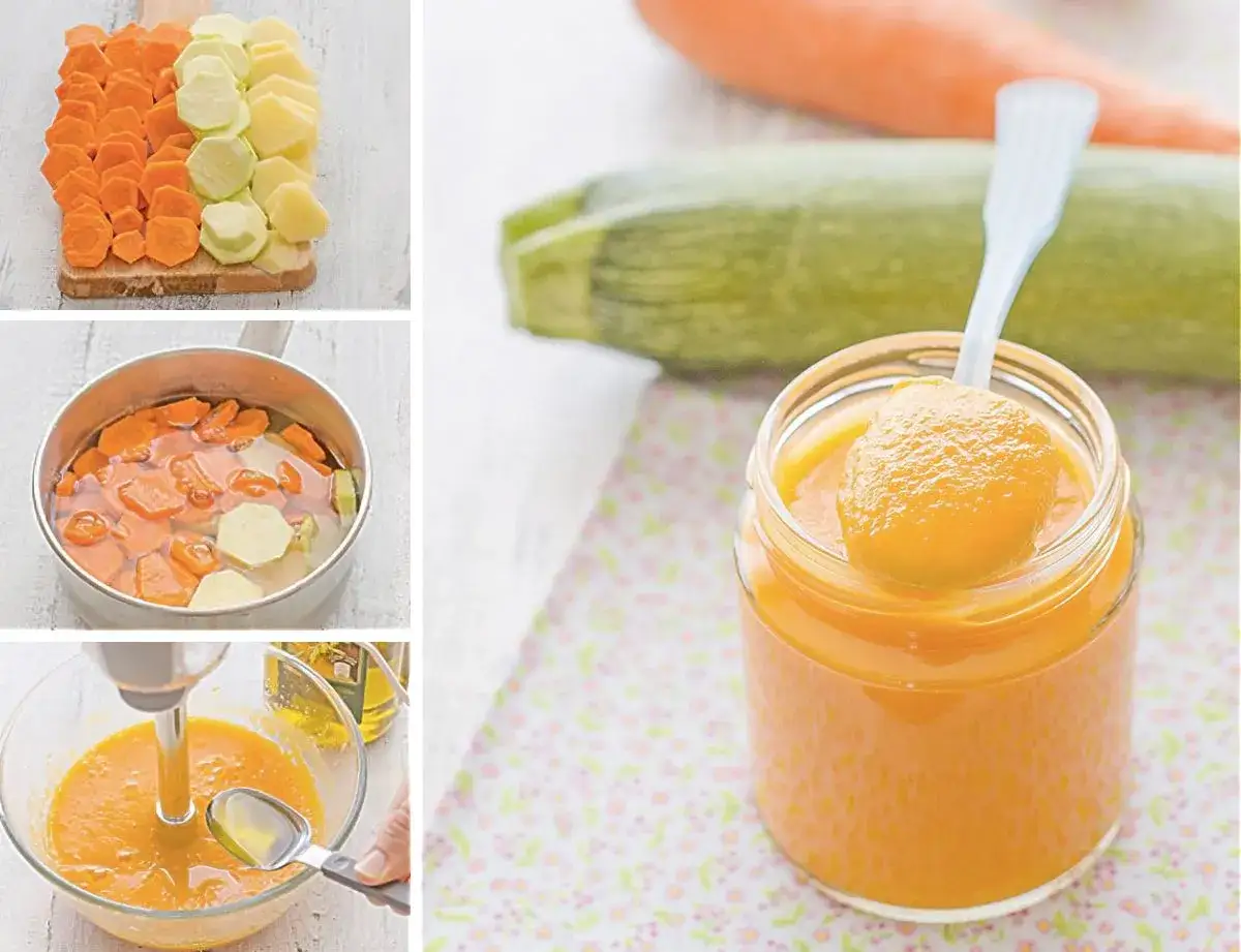 Puré de zanahoria y calabacín para bebé, listo para disfrutar.