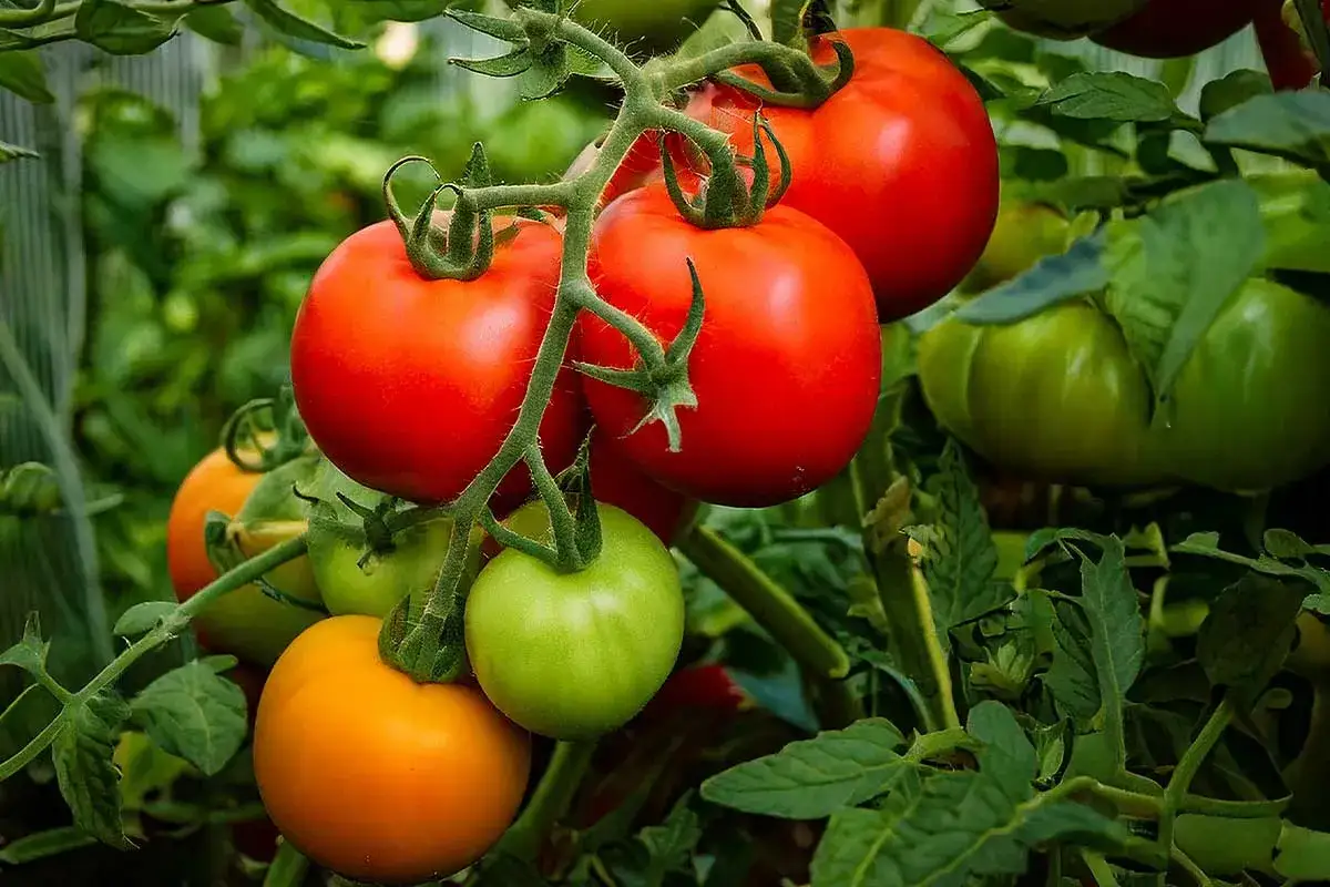 Des tomates rouges, vertes et oranges mûrissent sur une tige. Un guide pour comment planter des tomates en pleine terre.