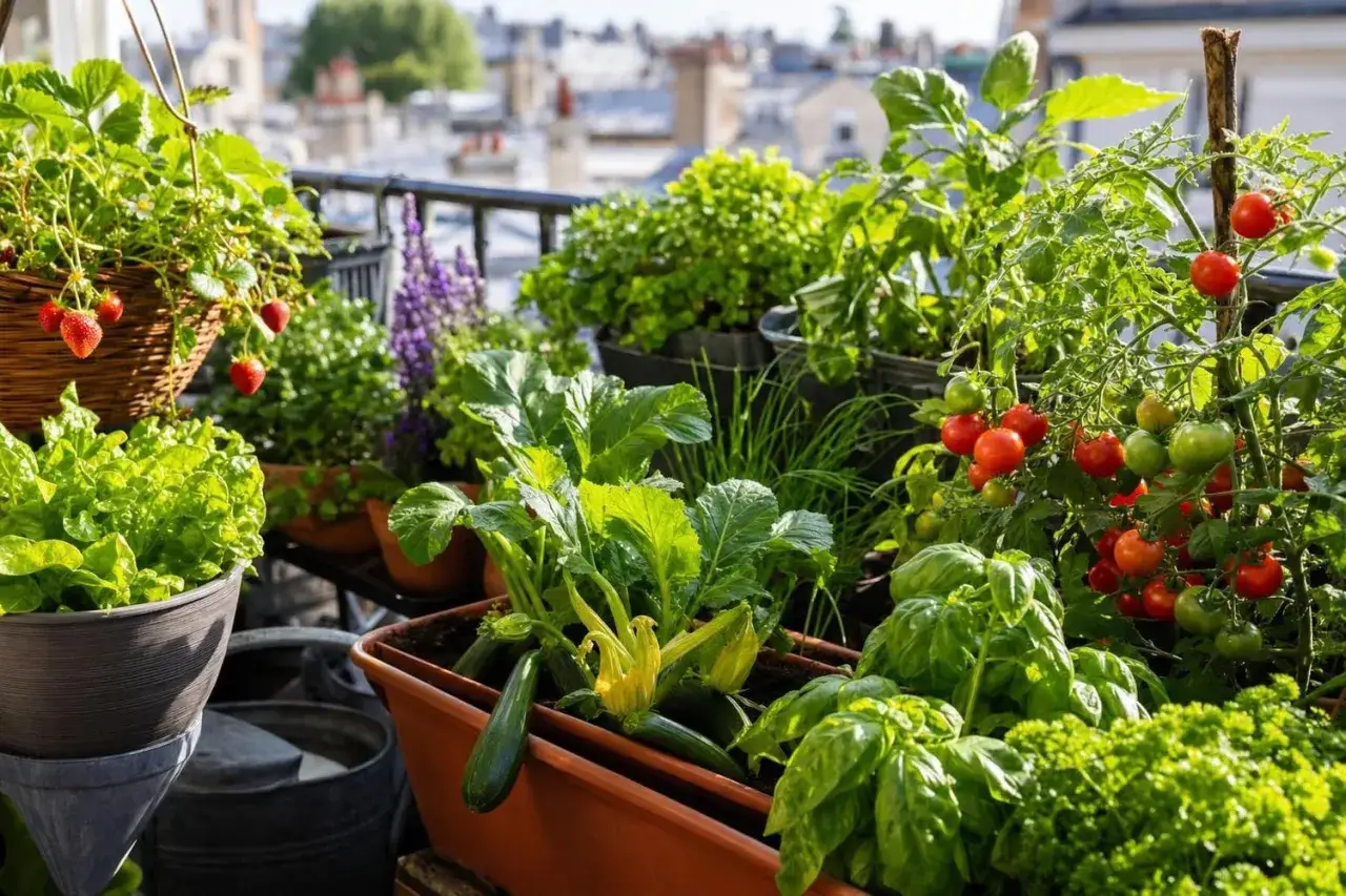 Un balcon verdoyant avec fraises, tomates, courgettes et herbes aromatiques. Idéal pour savoir que faire pousser sur son balcon.