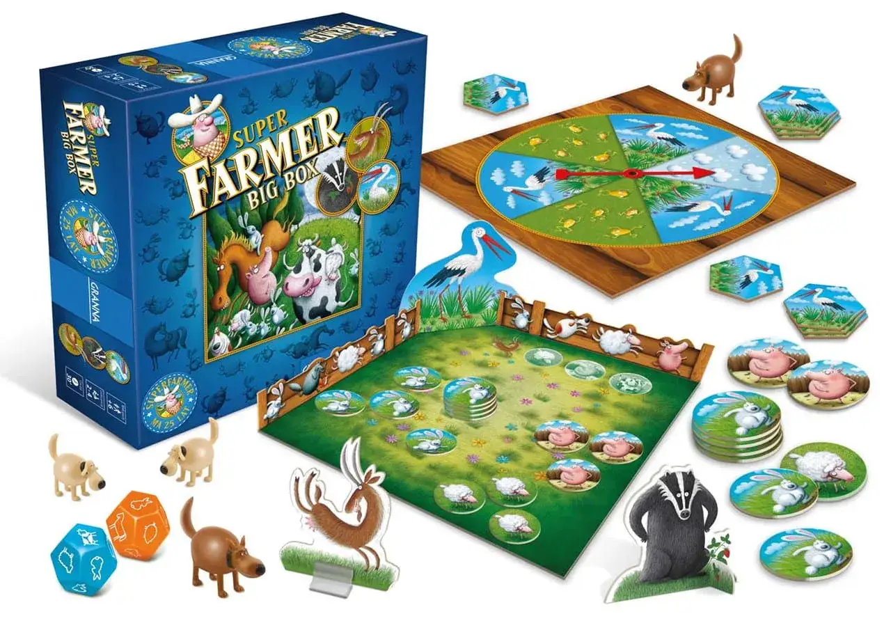 Gra planszowa Super Farmer Big Box. Poznaj zasady i zbierz zwierzątka na farmie, unikając wilka i lisa.