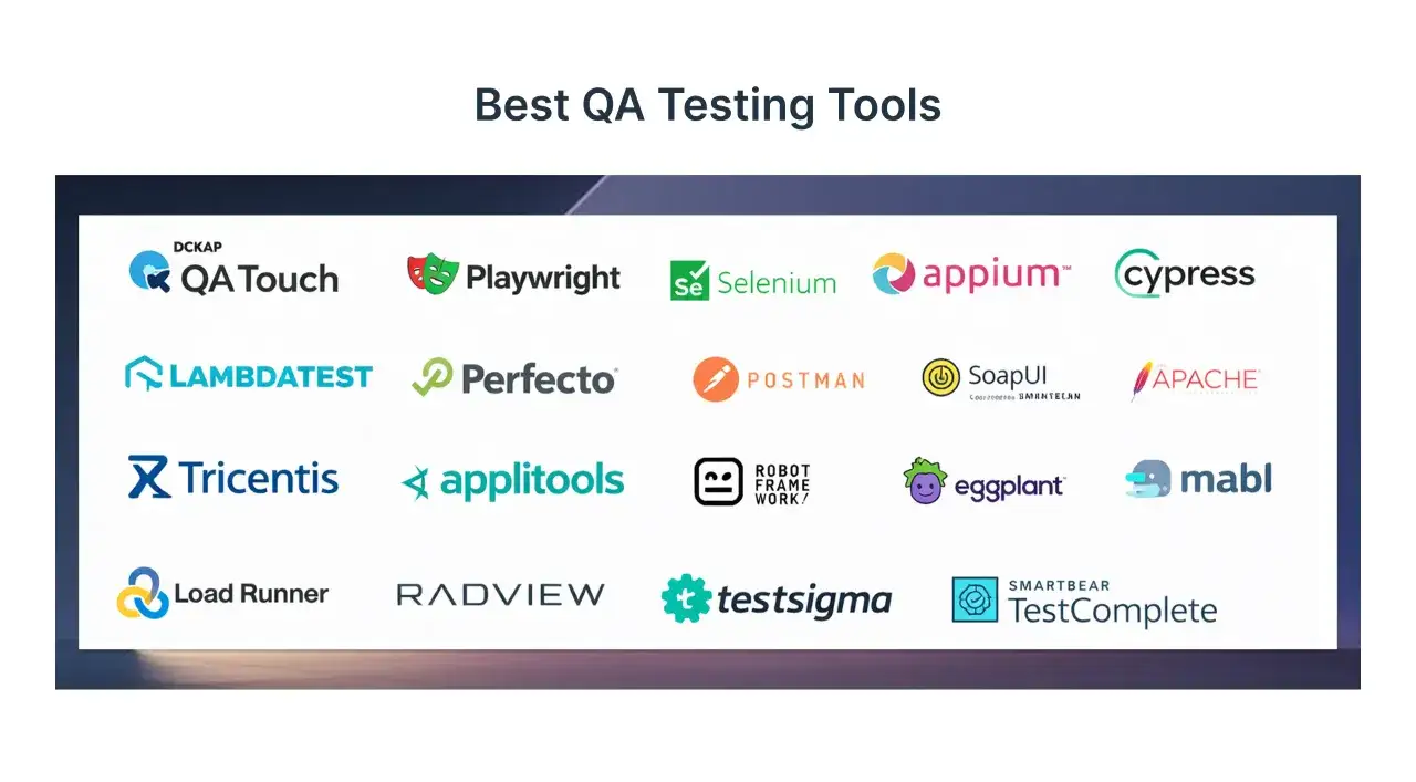 Narzędzia dla testera oprogramowania: QA Touch, Playwright, Selenium, Appium, Cypress, LambdaTest, Perfecto, Postman, SoapUI, Apache, Tricentis, Applitools, Robot Framework, Eggplant, Mabl, Load Runner, RadView, Testsigma, TestComplete.