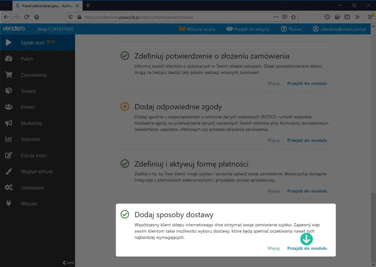 Panel administracyjny sklepu internetowego. Konfiguracja zamówień, płatności i dodawanie sposobów dostawy.