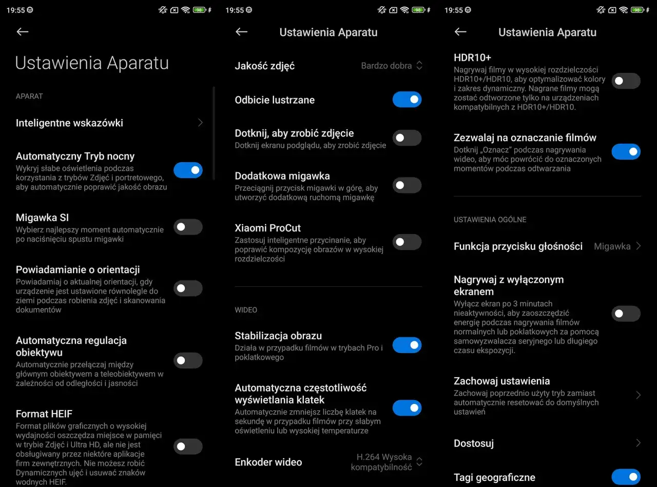 Ustawienia aparatu Xiaomi: automatyczna częstotliwość wyświetlania klatek, nagrywanie HDR10+, jak ustawić czas naświetlania w telefonie Xiaomi.