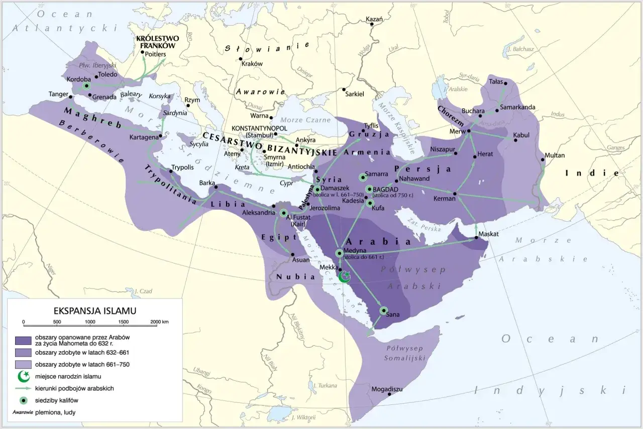 Mapa pokazuje ekspansję islamu, z zaznaczonymi podbojami arabskimi od czasów Mahometa.