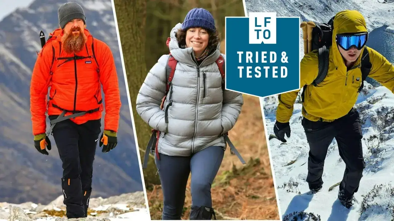 Tres personas en la montaña con ropa abrigada. La chaqueta plateada de la mujer usa aislamiento Primaloft, que es ligero y cálido.