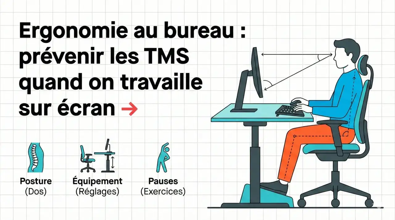 Ergonomie au bureau : pr&eacute;venir les TMS quand on travaille sur &eacute;cran. Le code du travail recommande des pauses et une bonne posture.