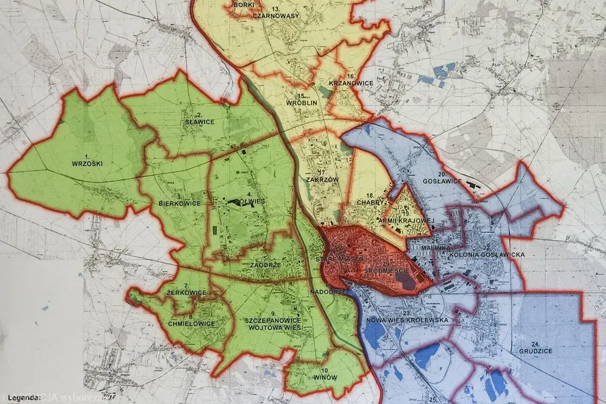 Mapa Opola z zaznaczonymi dzielnicami, pomocna przy analizie cen mieszkań Opole. Różne kolory wskazują obszary o potencjalnie odmiennych cenach nieruchomości.