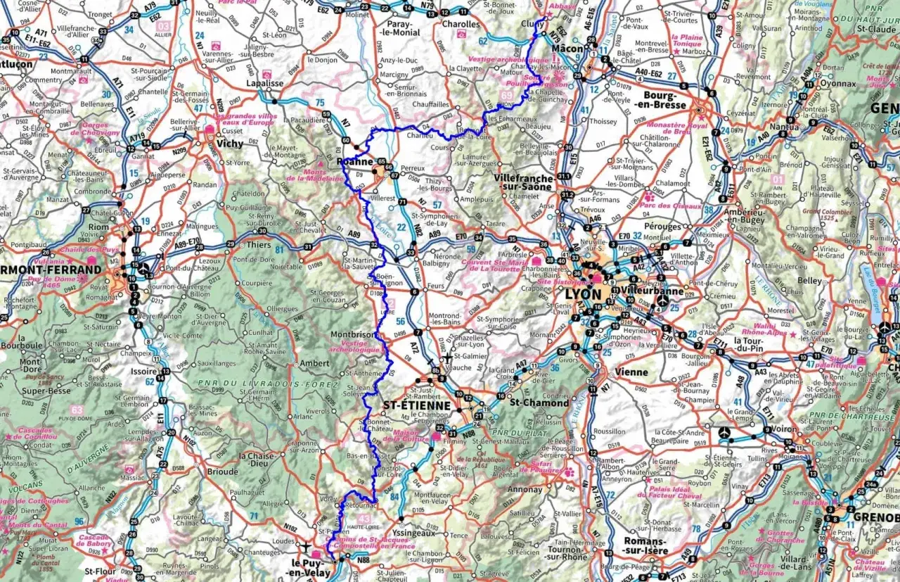 Carte routière de la région Auvergne-Rhône-Alpes, avec la mention 
