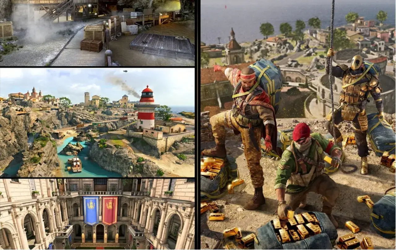 Soldaten mit Goldbarren und Rucks&auml;cken, bereit f&uuml;r Warzone Season 4. Die Karte zeigt eine K&uuml;stenstadt mit Leuchtturm und eine luxuri&ouml;se Innenhofansicht.