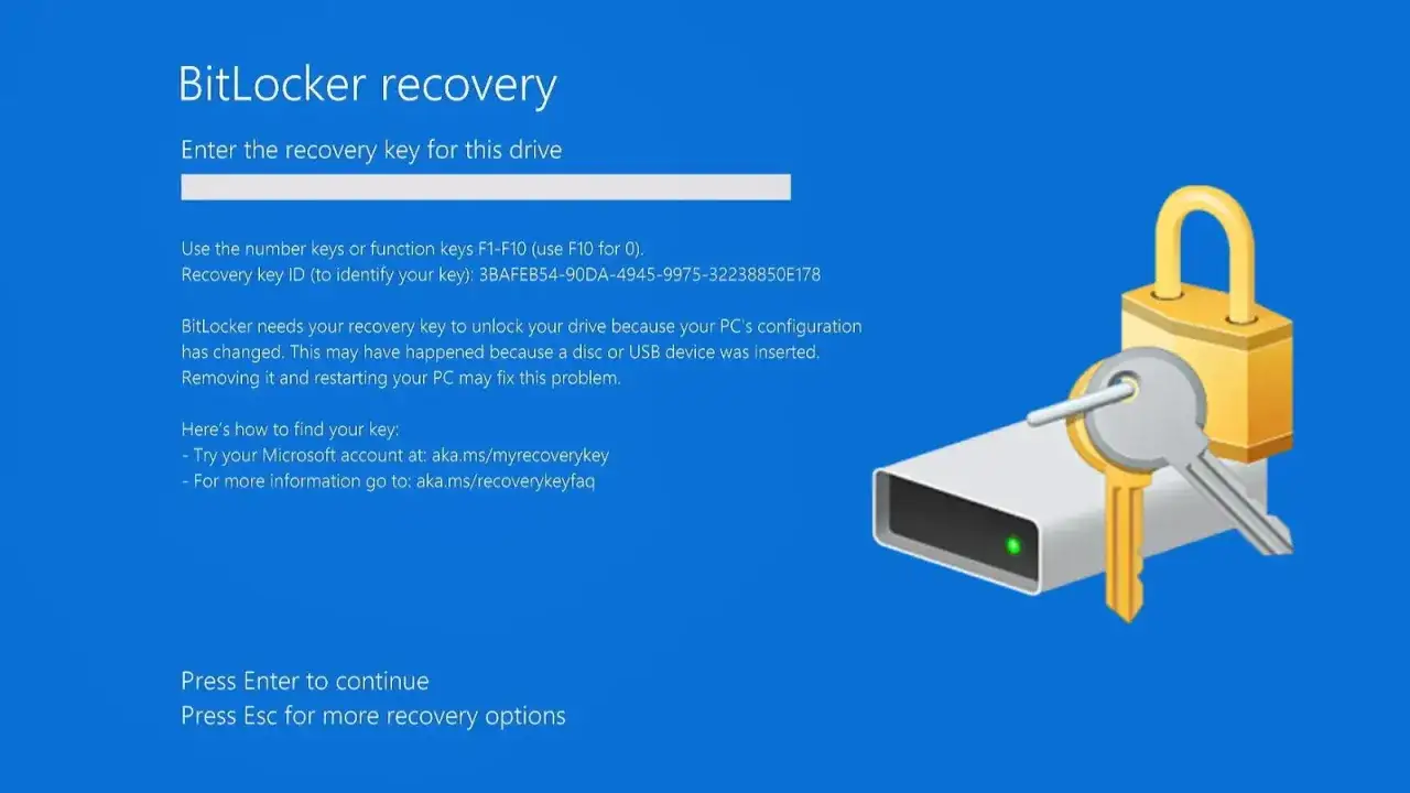 Ekran odzyskiwania BitLocker w Windows 11. Klucz odzyskiwania jest potrzebny do odblokowania dysku. Widoczny symbol kłódki i kluczy.