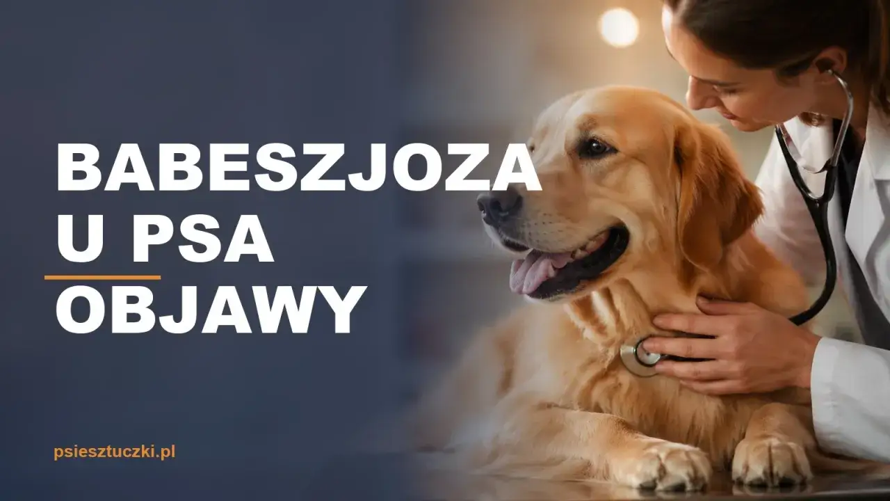 Weterynarz bada psa, u którego podejrzewa się babeszjozę. Na ekranie widnieje napis