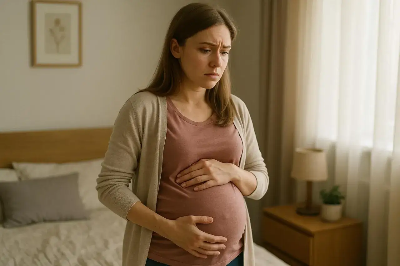 Kobieta w ciąży zmartwiona, trzymająca się za brzuch. Czuje bolesne rozpychanie dziecka w brzuchu.