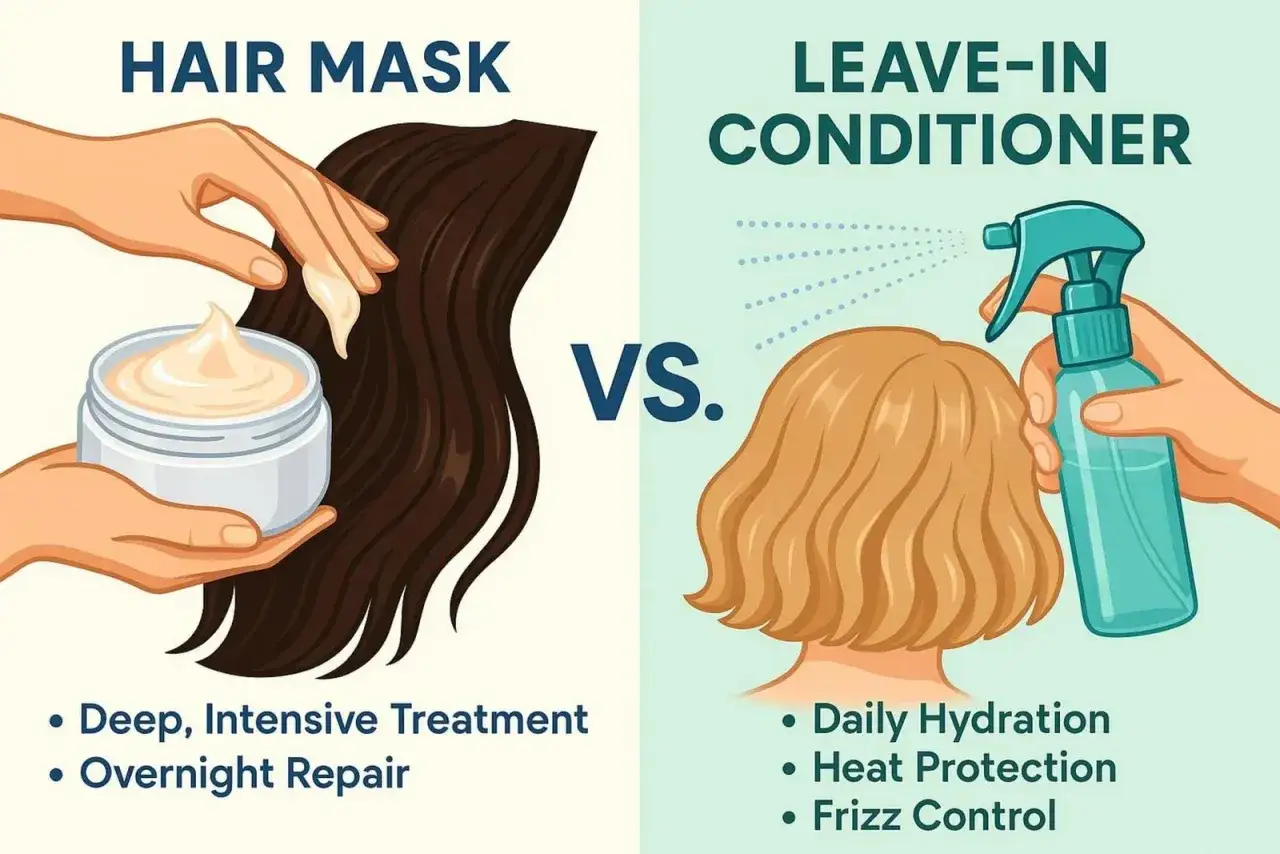 Diferencia entre mascarilla y acondicionador: tratamiento intensivo vs. hidratación diaria.