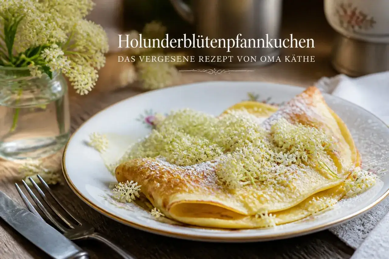 Holunderblütenpfannkuchen, bestreut mit Puderzucker und Holunderblüten, auf einem Teller mit Blumenmuster. Ein vergessenes Rezept von Oma Käthe.