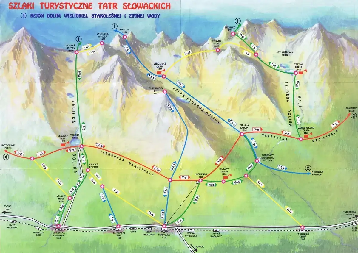 Mapa szlaków turystycznych w Tatrach Słowackich. Zaplanuj swoje wycieczki w Tatry, wybierając trasy przez Dolinę Wielicką, Staroleśną i Zimną Wodę.