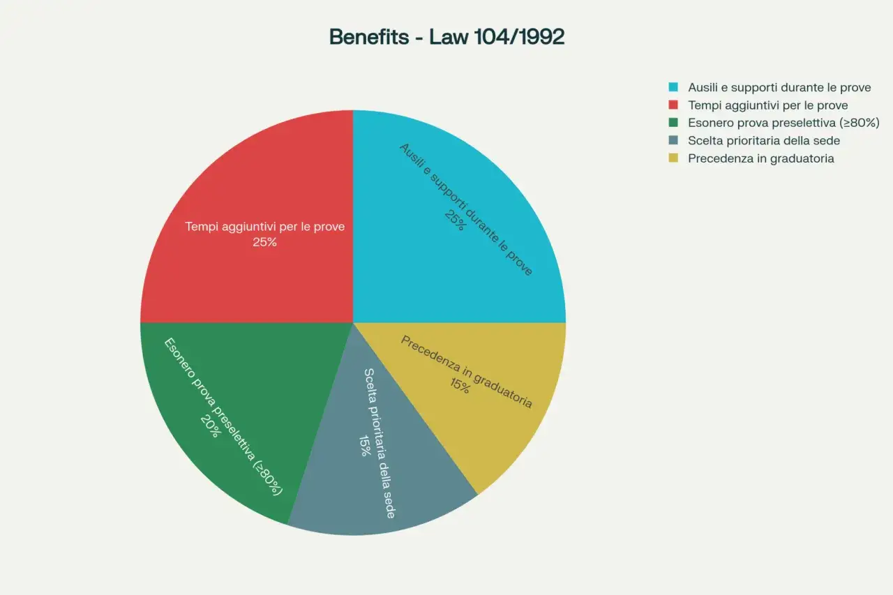 Grafico a torta sui benefici della legge 104/1992 per 2 familiari: tempi aggiuntivi, esonero prove, precedenza.