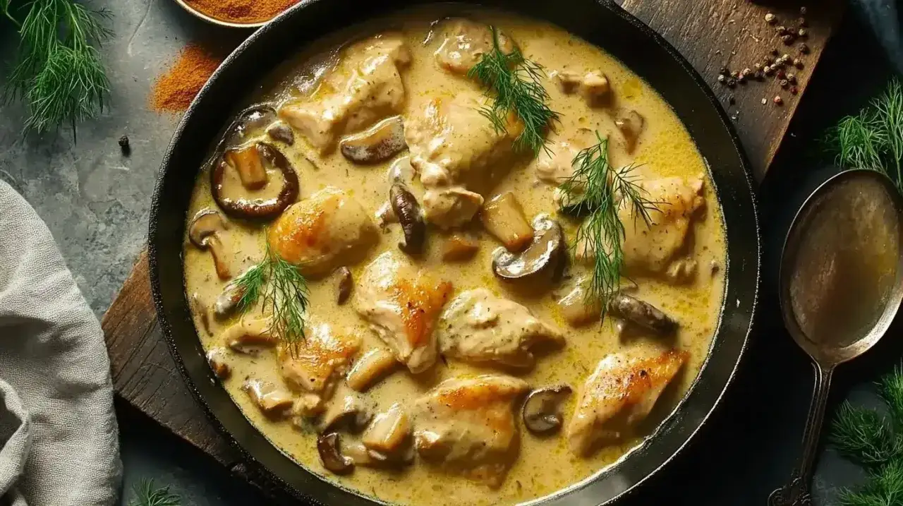 Un plat r&eacute;confortant d'osso bucco de dinde mijot&eacute; avec des champignons dans une sauce cr&eacute;meuse, garni d'aneth frais.