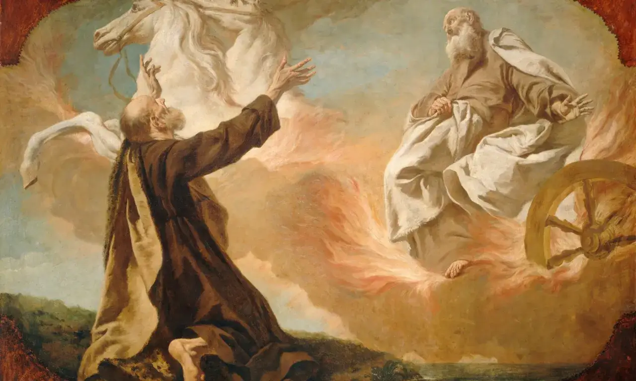 Elijah ascends to heaven in a fiery chariot, leaving his cloak for Elisha, who watches in awe.