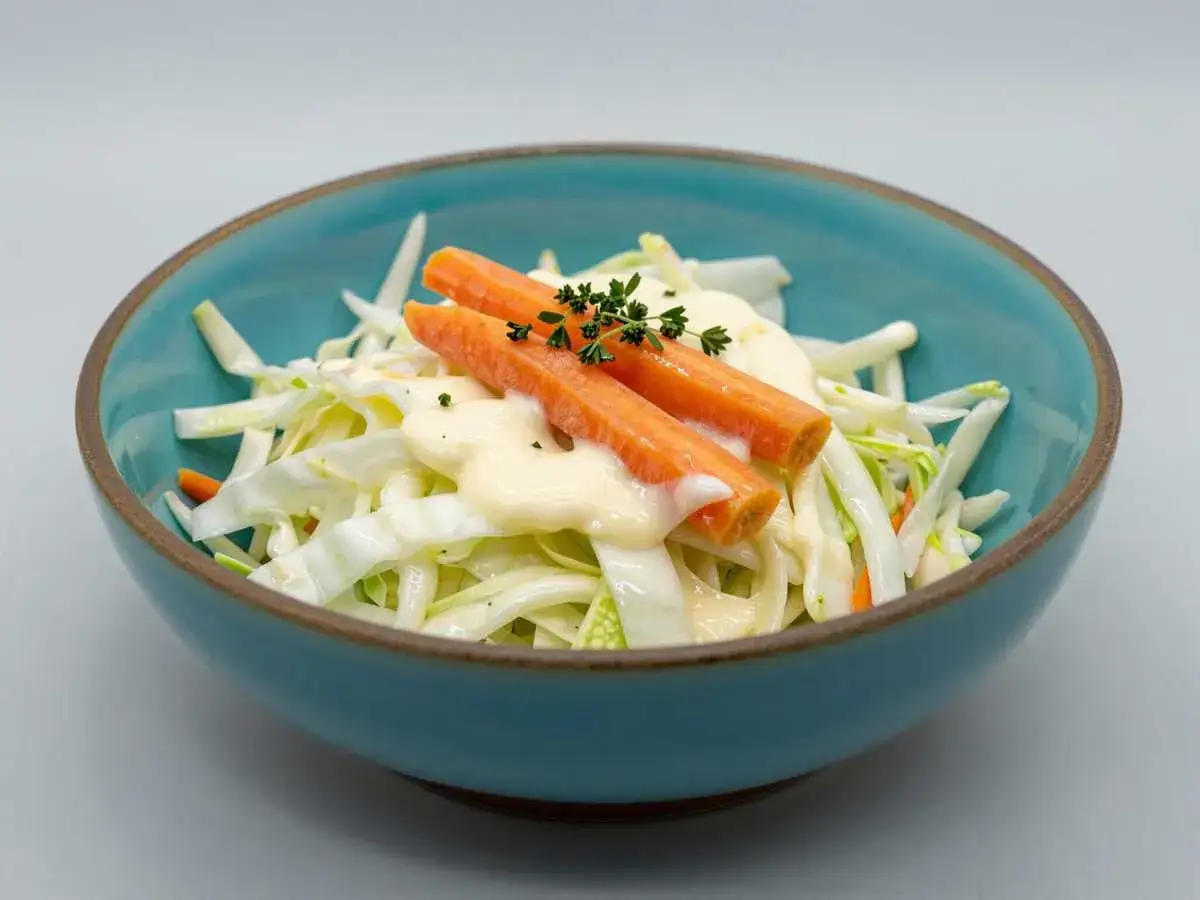 Frischer Krautsalat mit Karottenstiften und cremiger Soße, ein klassisches rezept coleslaw original.