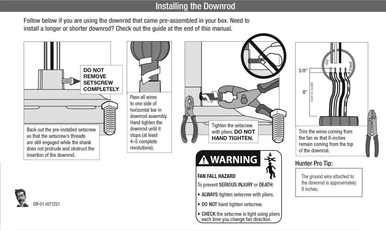 Instrucciones para instalar ventilador de techo: aflojar tornillo, pasar cables, apretar con alicates. ¡No apretar a mano!