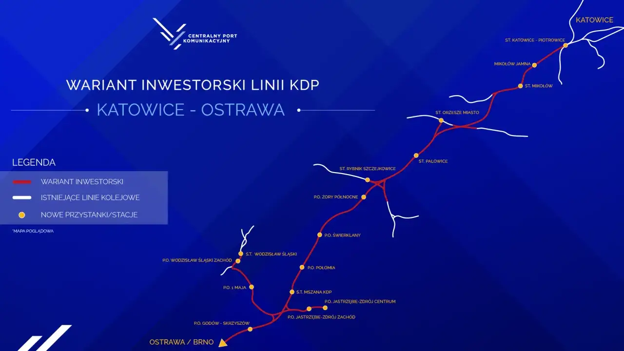 Mapa inwestorskiej linii KDP łączącej Katowice z Ostrawą, z zaznaczonymi nowymi stacjami i istniejącymi torami.
