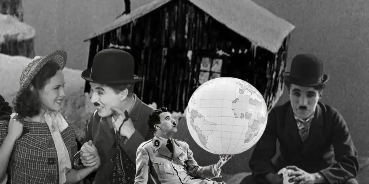 En kvinna och två Charlie Chaplin-figurer, en håller en jordglob, i en scen från en chaplin film klassiker.