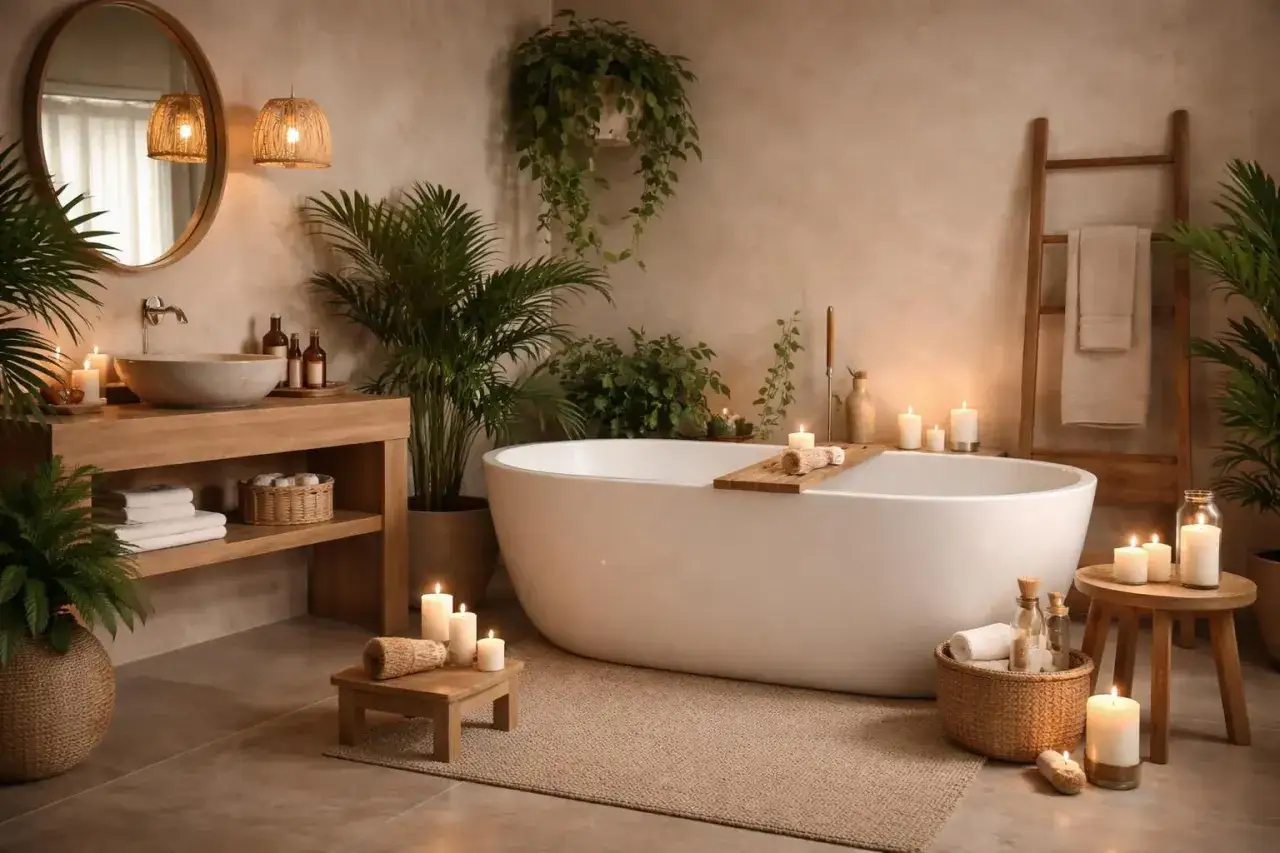 Salle de bain apaisante avec baignoire, bougies allum&eacute;es et plantes luxuriantes, parfaite pour une **s&eacute;ance spa** relaxante.