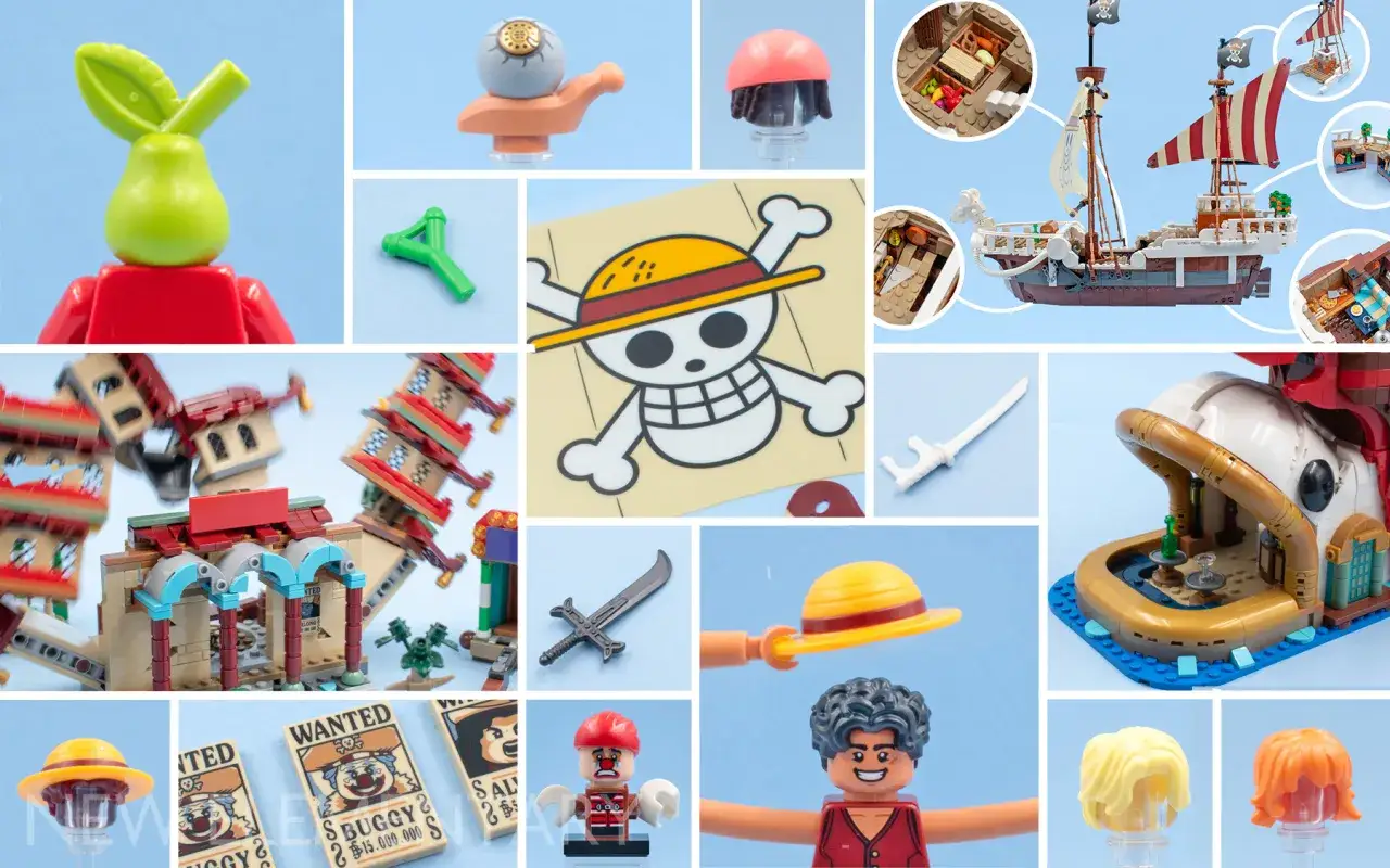 Lego One Piece 2026: Piratenschiff, Strohhut-Piratenflagge, Charaktere und Gebäude.