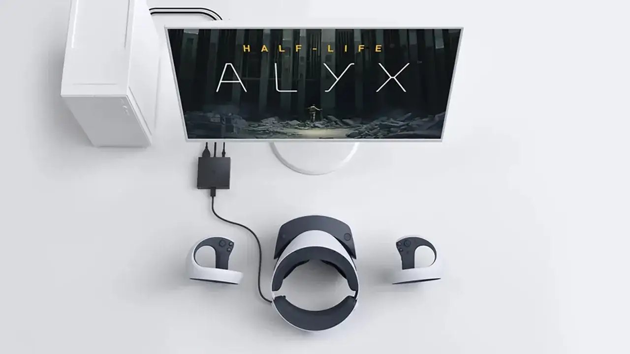 Zestaw VR z kontrolerami i konsolą, na ekranie logo Half-Life: Alyx, idealny do gry na PS5.