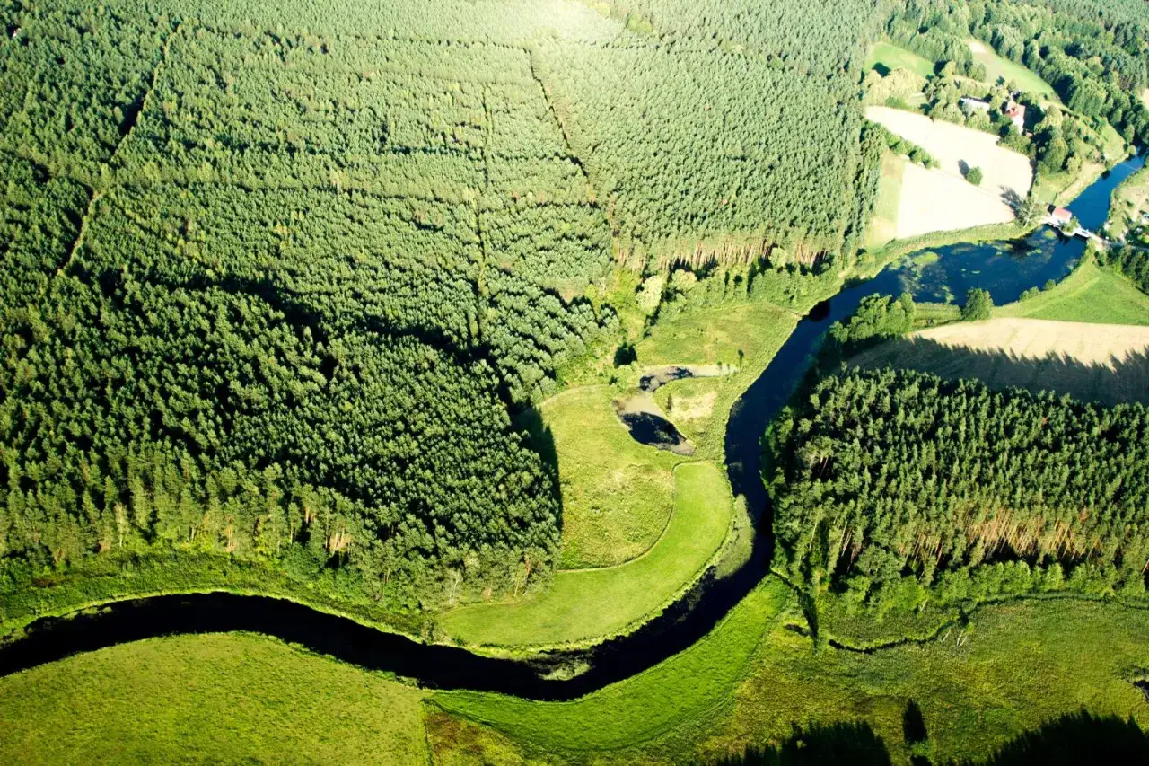 Malowniczy krajobraz z lasem i meandrującą rzeką. W oddali widać domy i pola, idealne miejsce na **pole namiotowe nad rzeką**.
