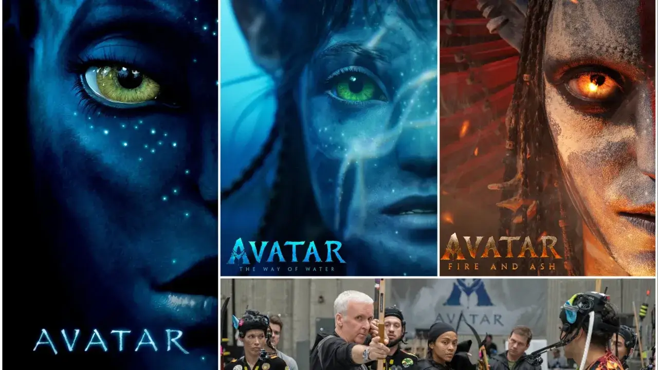 Plakaty filmów Avatar: ile części? Widzimy zbliżenia na twarze Na'vi z pierwszych dwóch części i fragment z planu filmowego.