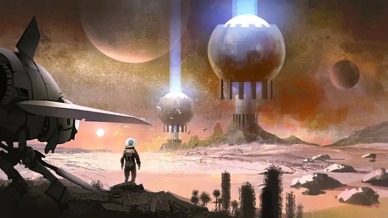 Ein Astronaut steht vor seinem Raumschiff auf einem fremden Planeten. Im Hintergrund ragen futuristische Gebäude mit leuchtenden Kugeln in den Himmel, wie in No Man's Sky.