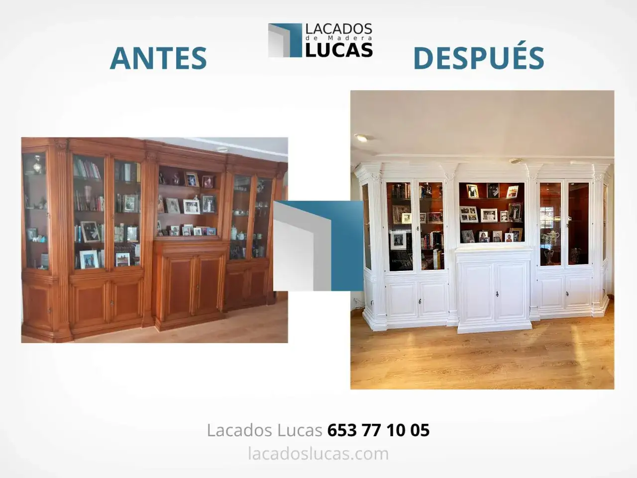 Muebles viejos restaurados: antes, un mueble de madera oscura; después, el mismo mueble lacado en blanco.
