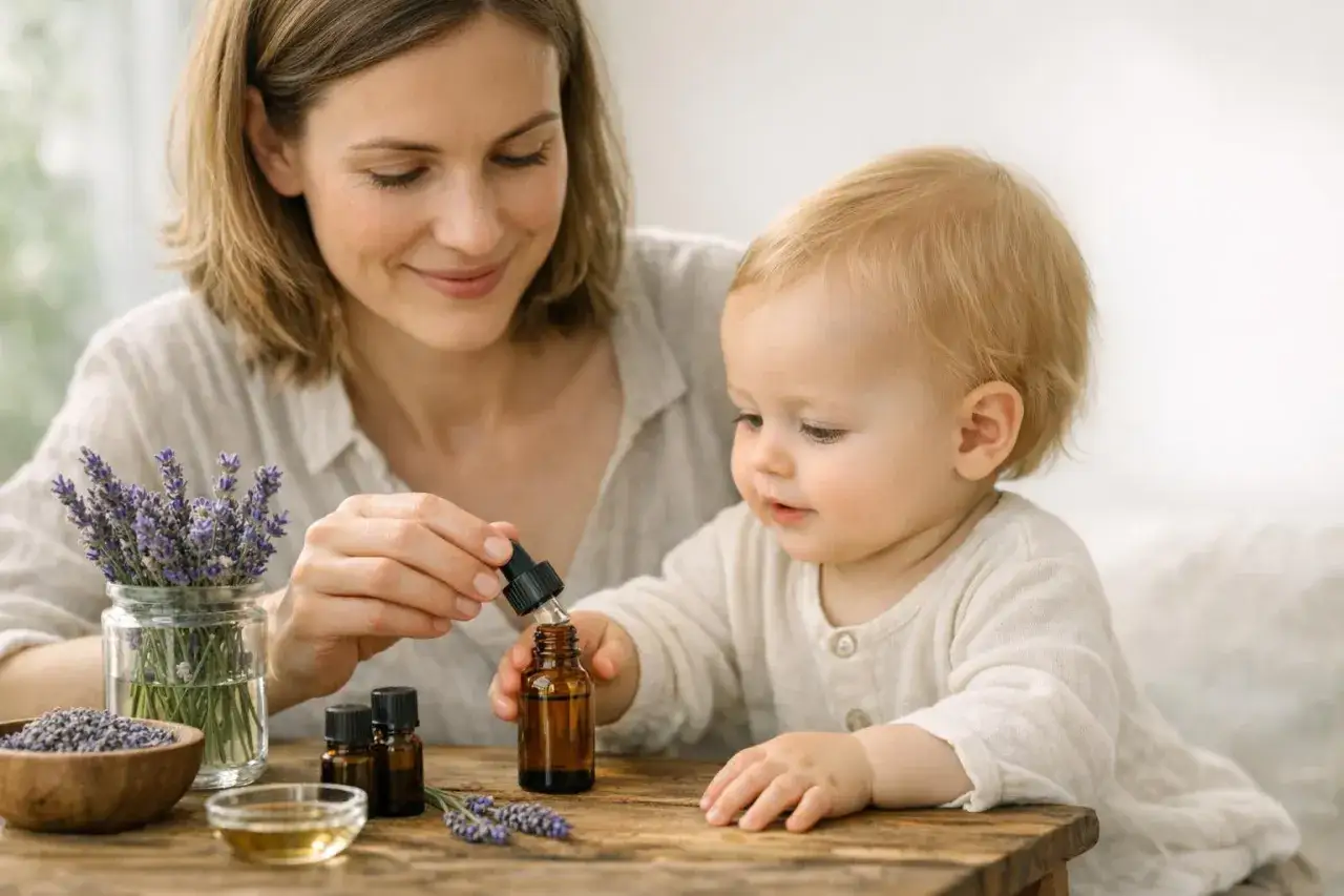 Une m&egrave;re pr&eacute;pare une goutte d'huile essentielle lavande pour son enfant, entour&eacute;e de fleurs et de petits flacons.