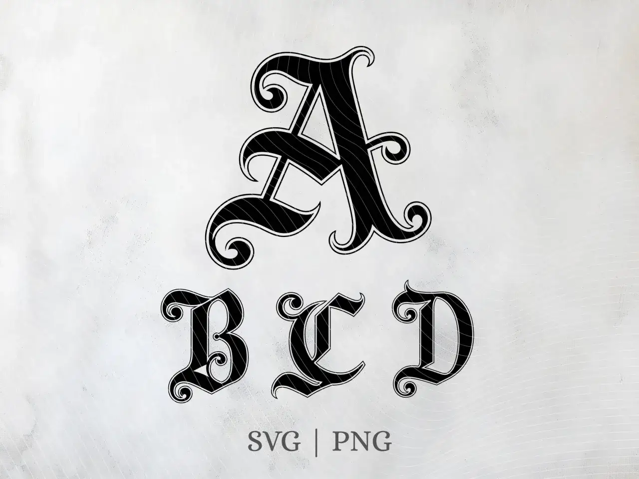 Lettres A, B, C, D dans un style gothique orné, sur fond texturé blanc avec des lignes ondulées.